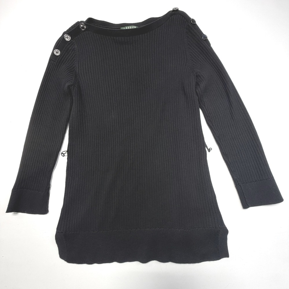 Lauren Ralph Lauren Petite Black Ribbed Button-Shoulder Sweater (P/M)